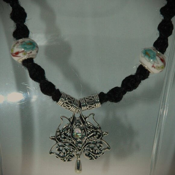 Lotus Flower Blue Flower Accent Beads on a 21 1/2" Handmade black Hemp Necklace - Picture 4 of 7